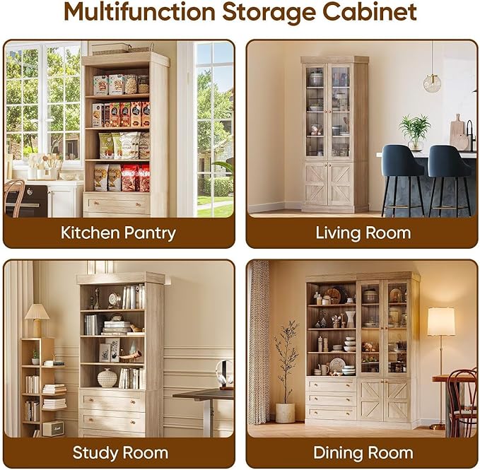 Vyre 71" Tall Farmhouse Bookshelves with Drawers, Large Modular Bookcase with Adjustable Shelves, Storage Cabinet for Living Room, Home Office, Kitchen, Brown
