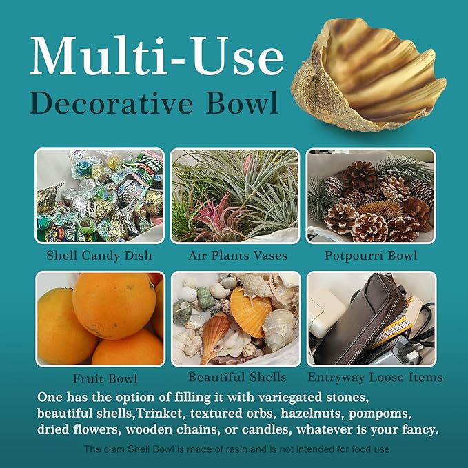 Large Clam Shells Decorative Bowl-Bronze/Golden Sea Shells Decorative Storage Bowls for Coastal Beach theme house table centerpiece decorations & Nautical decorations for coffee table -10.2"-1PC