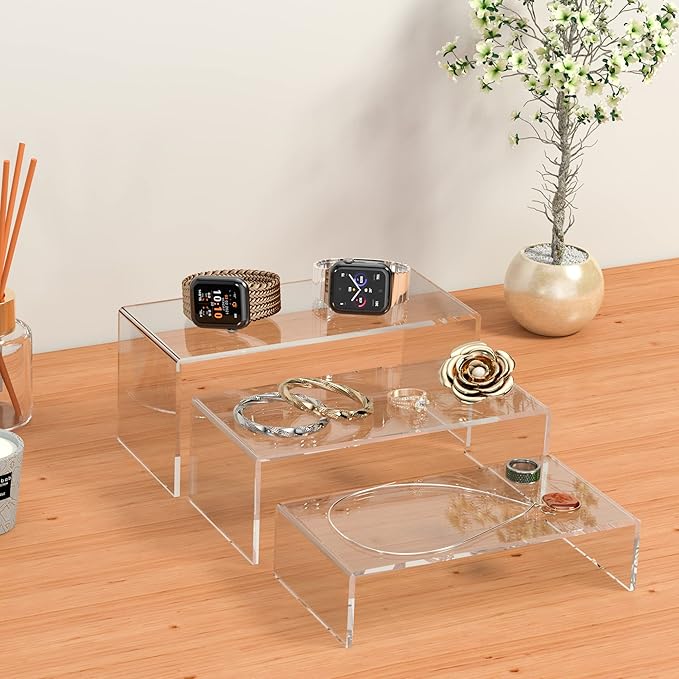Clear Riser Shelf 3pcs, Desktop Rectangular Acrylic Display Shelves Organizer, Acrylic Stands for Funko Pop Figure, Perfumes, Bags, Shoes, Glasses, Plants, Toys, Collectibles - 8''x8.5''x9''