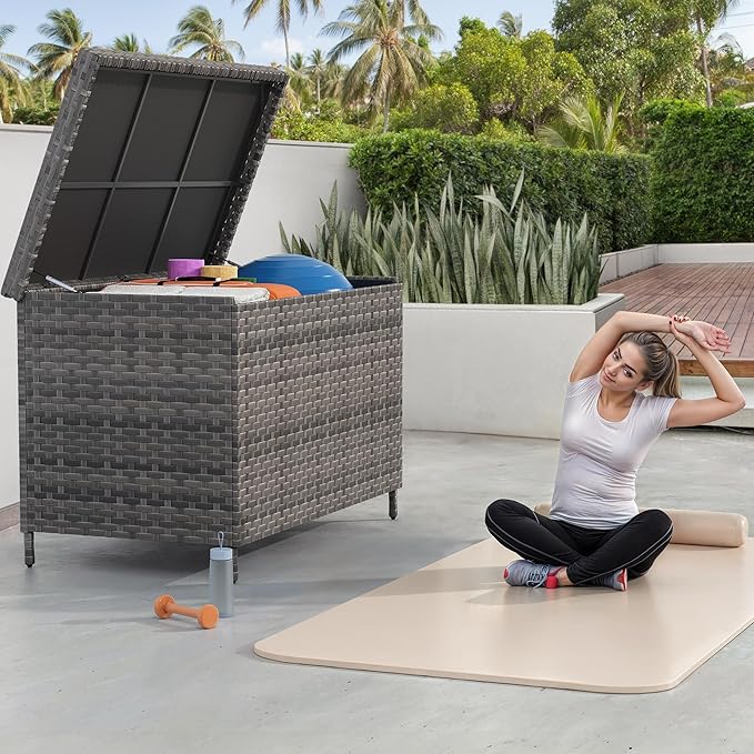 YITAHOME 230 Gal Outdoor Storage Box, XXL All-Weather Wicker Deck Box for Patio Furniture, Cushions, Pool Accessories and Garden Tools - Grey