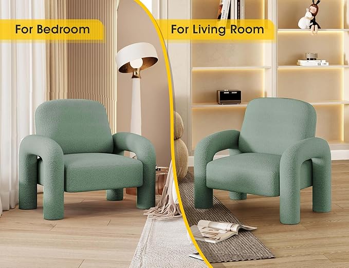 Modern Sherpa Accent Chair, Teddy Upholstered Arm Single Sofa, Cozy Fluffy Reading Chair for Living Room, Bedrooms, Corner (Mint Green)