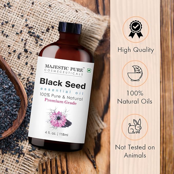 Majestic Pure Black Seed Essential Oil with Glass Dropper - Huge 4 Fl Oz - 100% Pure and Natural Black Pepper Oil - Premium Grade Essential Oils for Diffuser, Aromatherapy, Soap and Candle Making