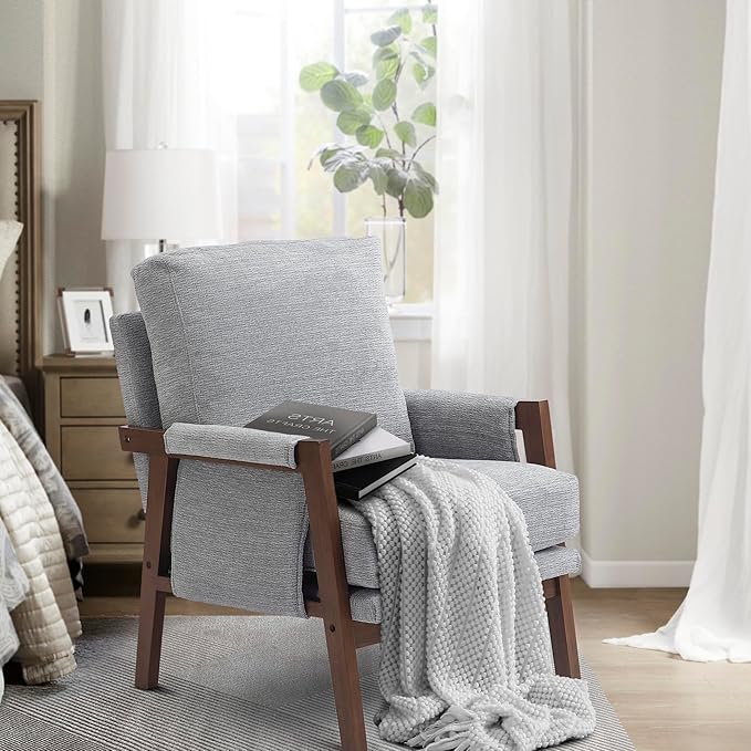 Modern Accent Chairs Set of 2 for Living Room Mid Century Arm Chairs Upholstered Bedroom Chairs Comfy Lounge Chairs with Solid Wood Frame, Grey