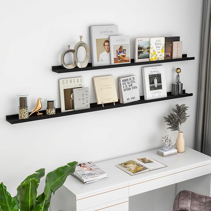 Solid Ash Wood Picture Ledge Shelf, Floating Shelves Set of 2, 56 Inch Long Large Ledge Shelves, Nursery Book Shelves Wall Mounted for Living Room Bedroom Kitchen Decor Kids Bookshelf, Black
