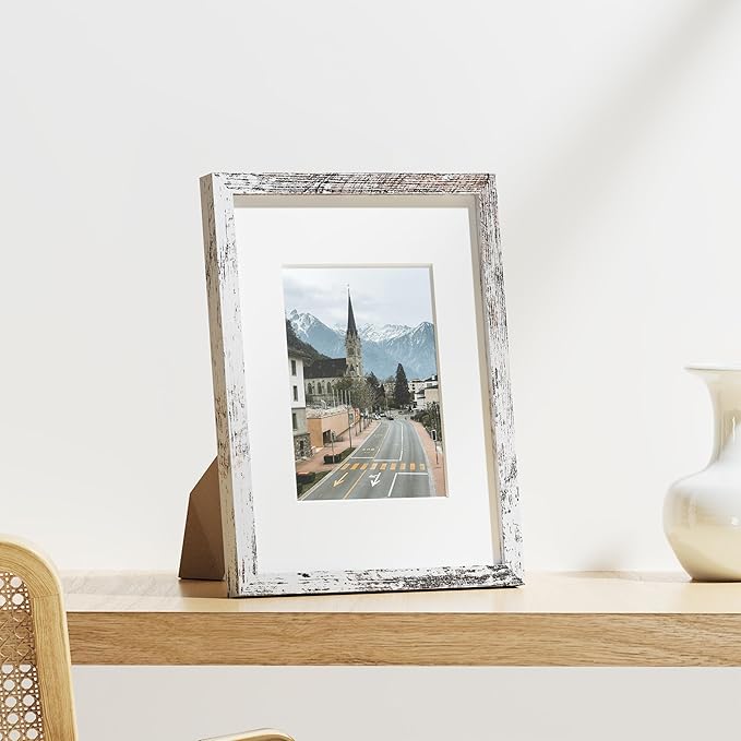 Vittanly 9x12 Picture Frames Set of 9, Shatter Resistant Plexiglass, Display 6x8 Pictures with Mat or 9x12 without Mat, Photo Frames for Wall or Tabletop, Engineered Wood, Distressed White