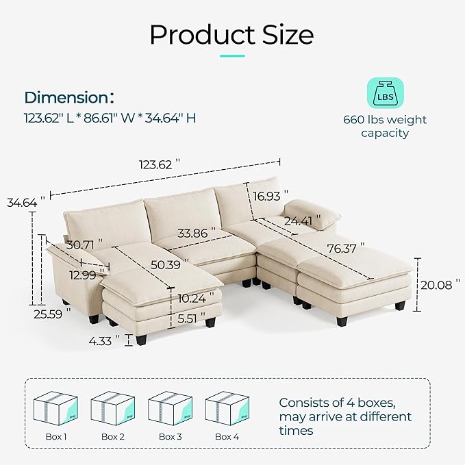 LINSY HOME Modular Sectional Sofa - 123'' Oversized Sleeper Sofa Cloud Couch Corduroy Sofa Bed with Movable Ottoman Soft Modern Comfy Couch for Living Room Apartment Office, Beige