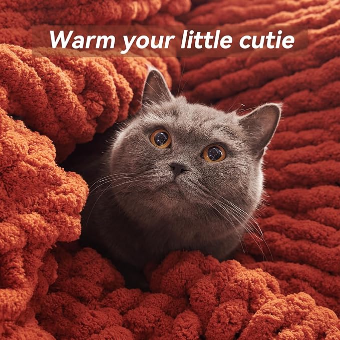 Chunky Knit Throw Blanket, 40''*50'' Knitted Throw Chenille Yarn for Bed Couch, Handmade Orange Crochet Big Thick Blanket, Machine Washable Cute Comfy Blanket for Home Decor