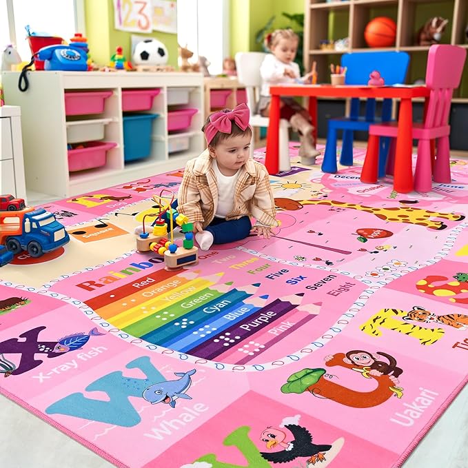 Kids Rugs for Playroom Bedroom Classroom Nursery, Non-Slip and Washable Rugs for Children Toddlers Girls, Educational and Fun Rug Carpets with ABC Alphabet Animals Shapes, 5x7, Pink