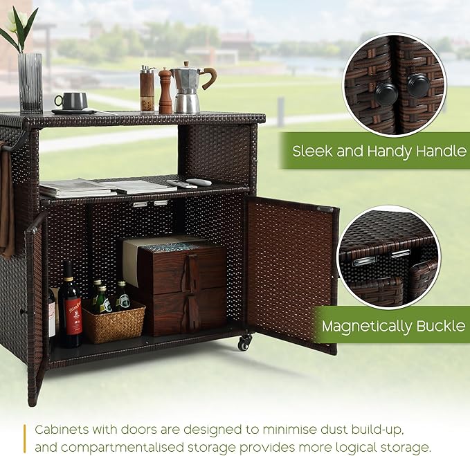Wicker Outdoor Bar Cart - Brown Patio Console Storage Table Buffet Cabinet Serving Kitchen Cart with Wheels for Outside Backyard
