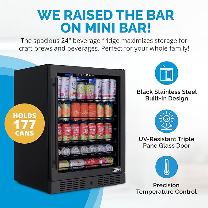 Newair 24" Beverage Refrigerator 177 Can Capacity, Black Stainless Steel Mini Fridge with Built-in Cooler and Glass Door, Cool your Soda, Beer, and Beverages to 37F