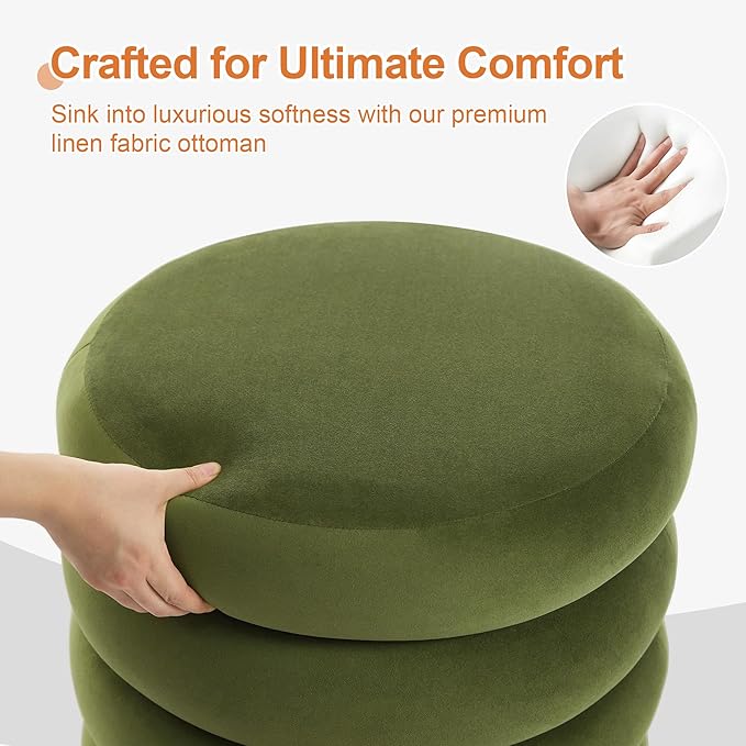 ONEVOG Round Storage Ottoman, 20" Small Ottomans Table with Removable Lid, Velvet Fabric Soft Footrest Stool for Couch, Upholstered Stuffed Circle Seat for Livingroom/Bedroom/Dorm/Vanity, Olive Green