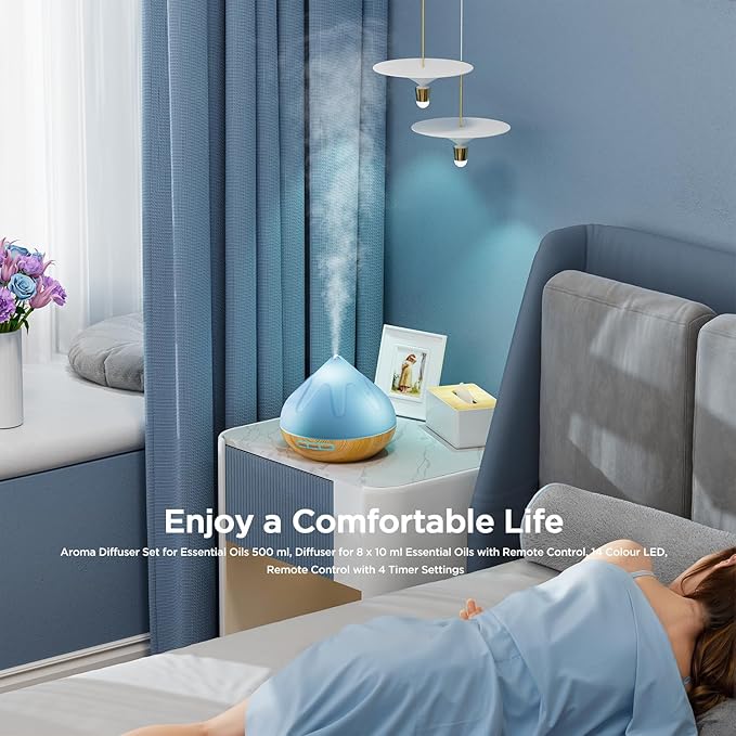 500ML Essential Oil Diffuser: Aroma Diffuser with Remote Control for Hotel Spa Yoga Room - Humidifier with 14 Colors LED Night Light for Bedroom Home Relaxation-Light Brown