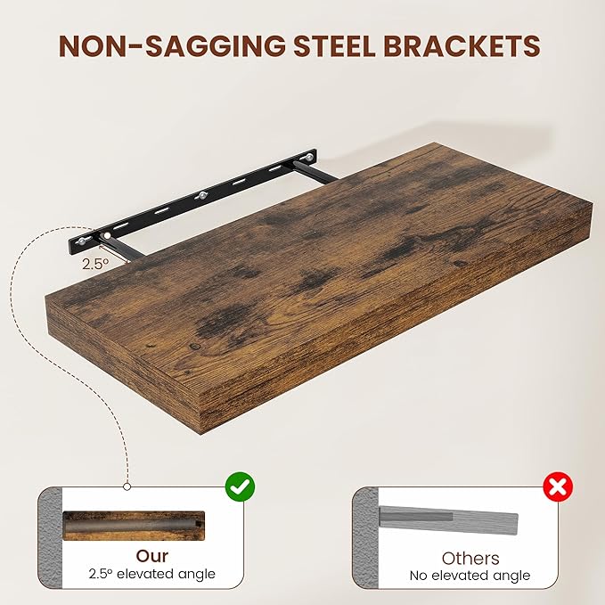 12" Deep Floating Shelves for Wall 36 Inches Long, Heavy Duty Wall Shelves for Bedroom Bathroom Kitchen Laundry Room, Farmhouse Rustic Shelves for Home Decor, 36" X 12" X 2" Set Of 2, Rustic Brown