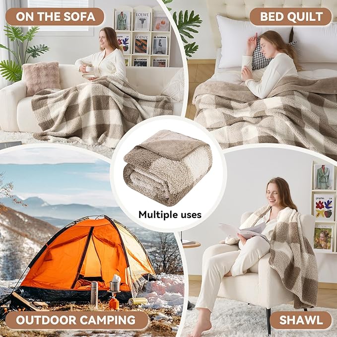 LURKA Checkered Sherpa Fleece Twin-Size Bed Blanket - Extra Thick and Warm Winter Soft Fuzzy Plush Blanket for Couches, Beds & Pets, Khaki, 60x80 Inches