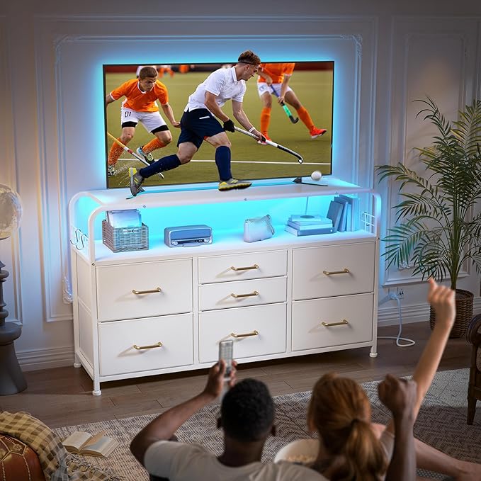 TV Stand for Bedroom with LED Lights & Charging Station, 7 Drawer with Open Shelf, Media Console for Living Room & Chest of Drawers for Closet, Entryway, Hallway, 4 Hooks, White