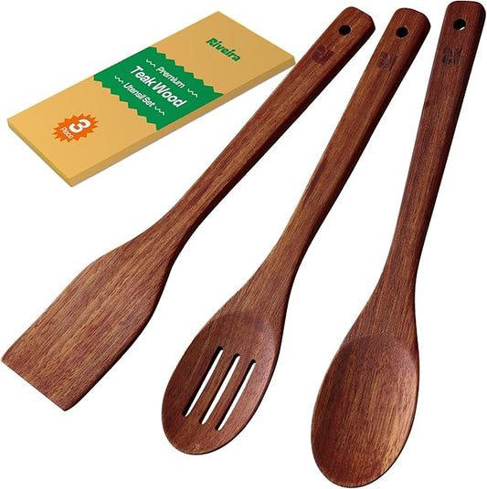 Riveira Teak Wooden Spoons for Cooking Set of 3 – Natural Teak Wooden Cooking Utensils, Wooden Spatula, Wooden Spoon - Premium Quality Wooden Utensil Set for Non-Toxic Cooking