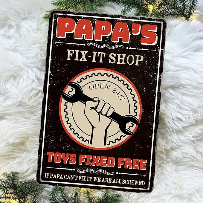 Papas Fix It Shop Metal Tin Signs for Garage Man Cave Decor Funny Papa Gifts - Vintage Tool Shop Papa's Workshop Signs, Father's Day Gifts Decorations 8x12 Inch