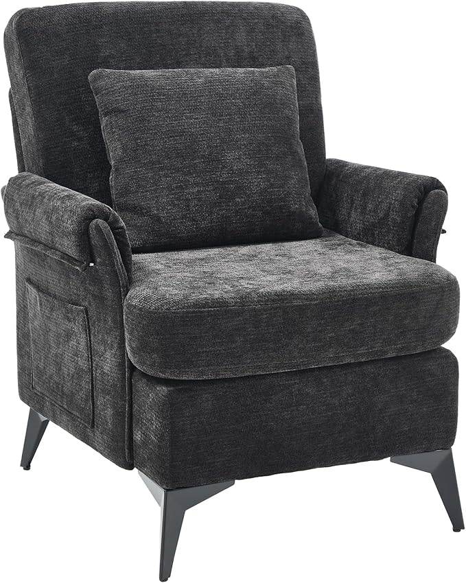 KCC Mid-Century Accent Chairs,Chenille Modern Upholstered Single Sofa,Cozy Armchair with Back for Bedroom/Office/Cafe,Black