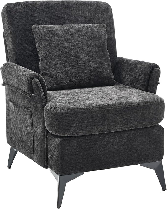 KCC Mid-Century Accent Chairs,Chenille Modern Upholstered Single Sofa,Cozy Armchair with Back for Bedroom/Office/Cafe,Black