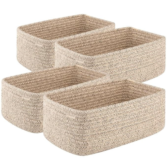 4 Pack Small Storage Shelf Baskets for Organizing, Mini Woven Rope Storage Bins for Towels, Cute Decorative Closet Organizer,Baby Nursery, Gift Empty Baskets -11.81''Lx7.87''Wx4.72''H'-Brown