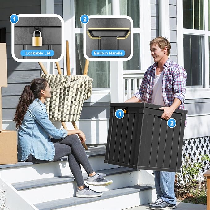 50 Gallon Resin Deck Box, Lockable Outdoor Storage Box for Patio Cushions Storage Furniture,Garden Tools, Pool Supplies, Weatherproof and UV Resistant(Black)