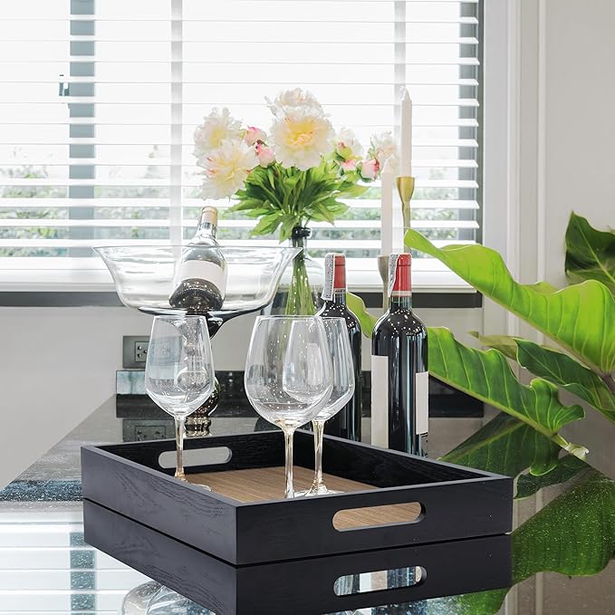 Wood Serving Tray with Handles, Home Decorative Wooden Rectangle Ottoman Decor Platter Vanity Tray for Breakfast Dinner Drinks Kitchen Dining Living Bathroom Restaurants Black Wooden