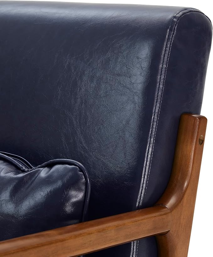 Glitzhome 2 Set Mid Century Navy Blue Accent Armchair, Single Reading Armchair PU Leather Lounge Chair with Walnut Ruberwood Frame
