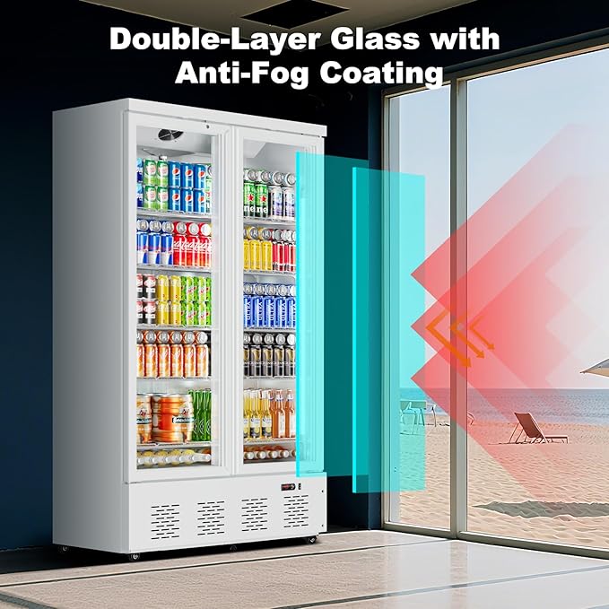 30.5 Cu.ft. Commercial Refrigerators 2 Glass Door Commercial Beverage Refrigerators Upright Display Cooler with Soft LED Light and 10 Adjustable Shelves for Restaurant Grocery Stores Home