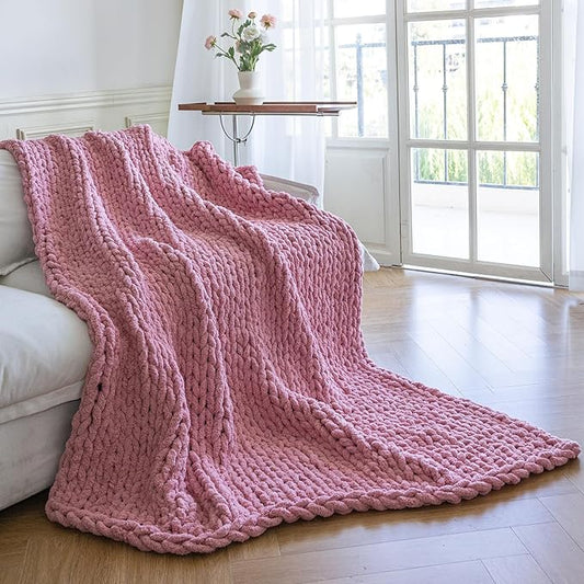 Chunky Knit Blanket - Luxury Soft Cozy 40 * 50 Throw Blanket,100% Woven Blanket Rope Knot Throw Blanket for Couch, Sofa, Home Decor, Gift - Machine Washable(Pink)
