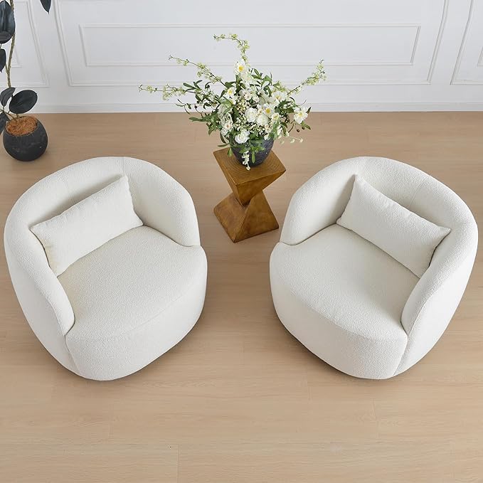 KINWELL 34" Wide Sherpa Swivel Barrel Chairs Set of 2, No Assembly Round Boucle Upholstered Accent Chairs Armchairs Single Sofa Chair with Toss Pillow for Living Room and Bedroom, Beige