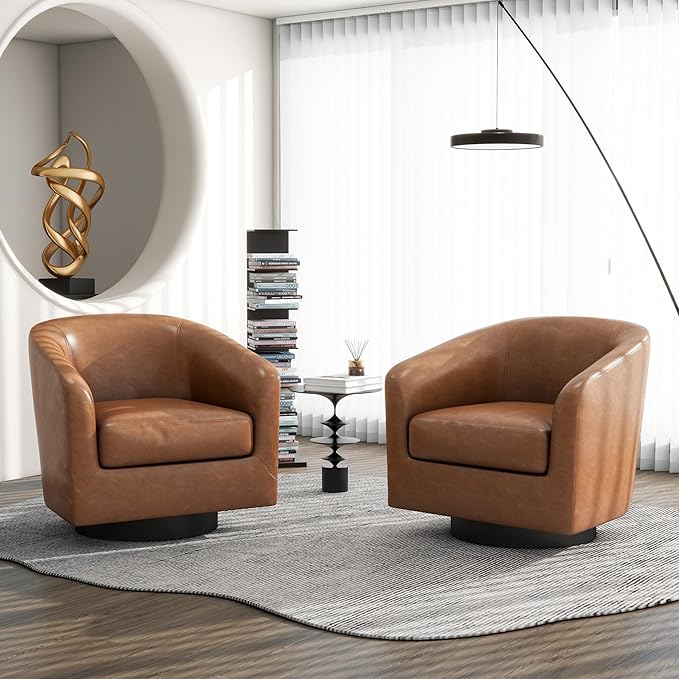 Swivel Barrel Accent Chair, Modern Round Faux Leather Arm Chair for Living Room, Bedroom, Comfy Club Reading Chairs for Adults, Faux Leather Brown, Set of 2