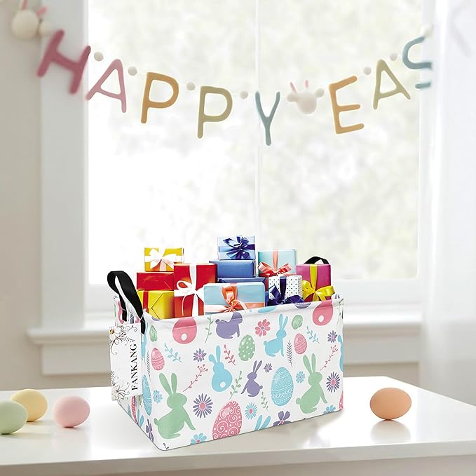 FANKANG Storage Bins, Nursery Hamper Canvas Laundry Basket Foldable with Waterproof PE Coating Large Storage Baskets for Kids Boys and Girls, Office, Bedroom, Clothes,Toys(Rec-Easter egg)