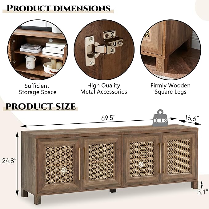 JYED Mid Century Modern TV Stand for TVs up to 75 Inch, with Hollow Metal Mesh Decorated,Boho TV Console with Storage Cabinet,Cable Holes, TV Stand for Living Room, 69.5"x15.6"x24.8", Rustic
