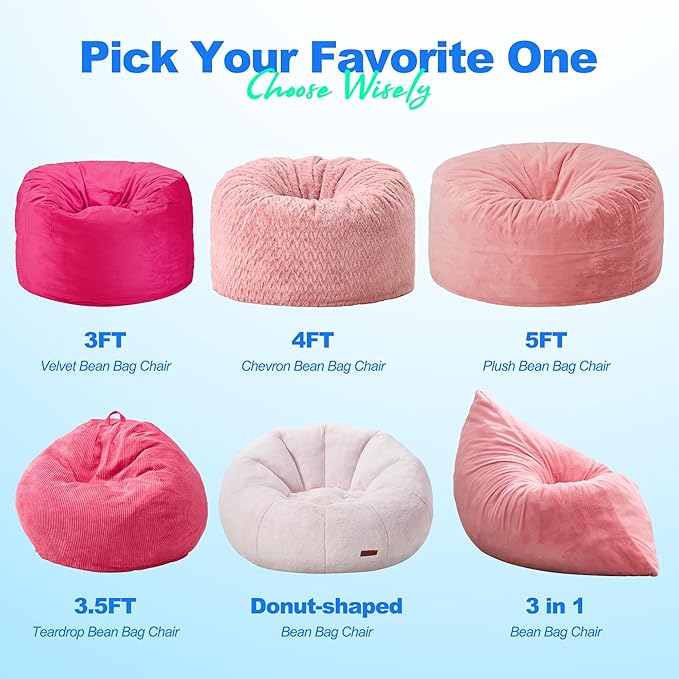 Hobestluk 3 in 1 Bean Bag Chair Giant Bean Bag Chairs for Adults with Chevron Plush Fur Cover Convertible Bean Bag Floor Cushion with Machine Washable Cover for Living Room (Plush Pink)
