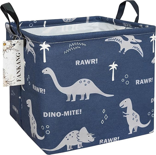 FANKANG Square Nursery Hamper Storage Bins Canvas Laundry Basket Foldable with Waterproof PE Coating Storage Baskets Gift Baskets for Children, Office, Bedroom, Clothes(Square-Blue dinosaur )