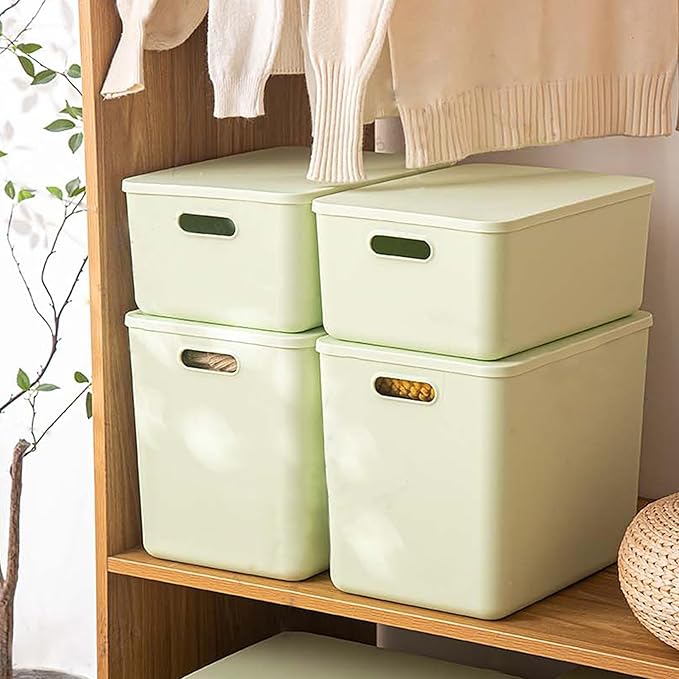 4 pack large plastic White storage bins Baskets, Toy Box Chest with Lids and Handle,Organizer Containers for Baby,Kids,snacks,Nursery,Shelves,Playroom, Bedroom,Office,Closet,home