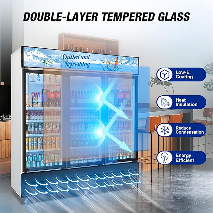 Commercial Beverage Refrigerator, 75" W 60 Cu. Ft. Commercial Drink Fridge, Display Refrigerator with 3 Glass Door, Commercial Display Fridge with 12 Adjustable Shelves, for Shop, Restaurant, Bar
