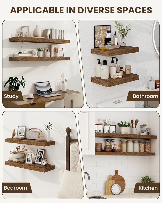 Marsmiles 72" Floating Shelves for Wall, Wooden Shelves with Invisible Brackets Set of 2, Rustic Farmhouse Wall Mounted Shelf for Kitchen Bathroom Living Room Study, Rustic Brown