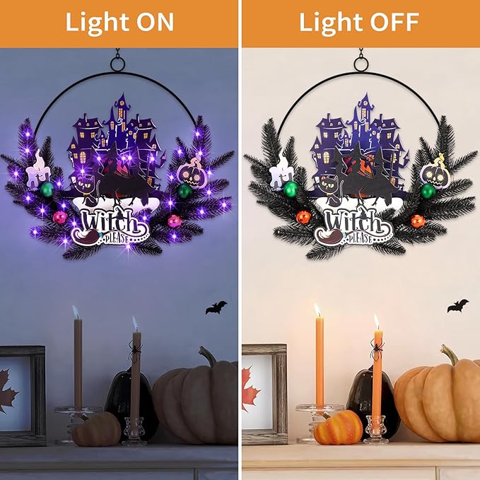 Lighted Halloween Wreaths for Front Door, Welcome Metal Wooden Door Wreath Decor Hanging Sign, 30 LED Lighted Wall Decor Battery Operated for Halloween Indoor Outdoor (Witch)