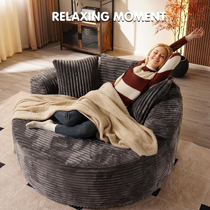 ovios 58" Oversized Round Chair Lounge Chaise Indoor, No Assembly Required, Cloud Large Circle Chair with Plush Fuax Fur, Fluffy Modern Sleeper Sofa Bed for Reading Yoga, Grey (Plush Corduroy Fabric)