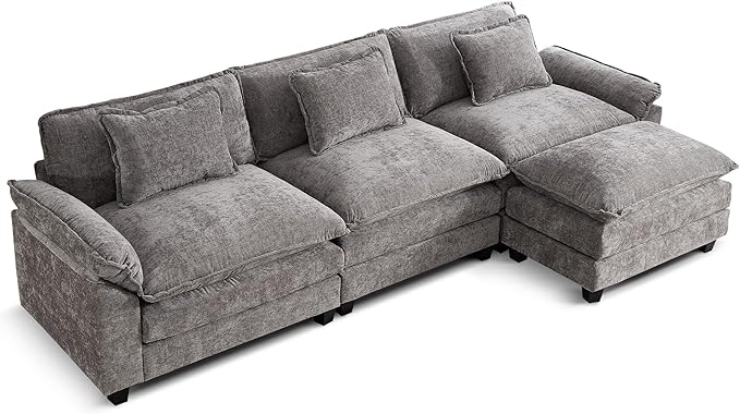 URRED Modular Sectional Sofa Comfy Cloud Couch, Modern Chenille Sofa Sleeper Deep Seat Couches with Ottoman/Pillows for Living Room (Gray, 117''- L Shape)