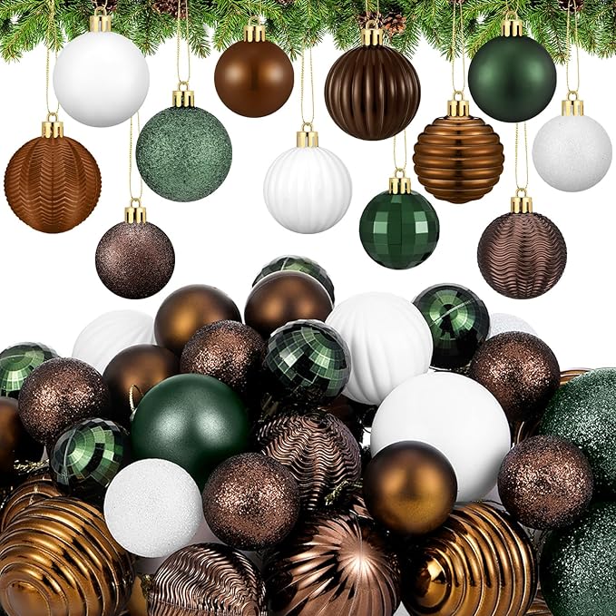 64 Pcs Neutral Christmas Ball Ornaments Brown Green White Xmas Bulbs Ornament 1.6/1.97/2.4 Inch Vintage Xmas Baubles Assorted Size Modern Christmas Decoration for Tree Holiday Indoor Home Decor