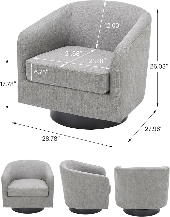 Swivel Barrel Accent Chair, Modern Round Linen Arm Chair for Living Room, Bedroom, Comfy Club Reading Chairs for Adults(Linen Fabric, Light Grey, Set of 1