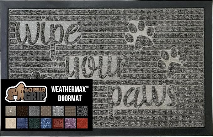 GORILLA GRIP 100% Waterproof All-Season WeatherMax Doormat US Designed Natural Rubber, Stain and Fade Resistant, Low Profile Indoor Outdoor Door Mats, Easy Clean Patio Mat, 17x29, Stone Paws
