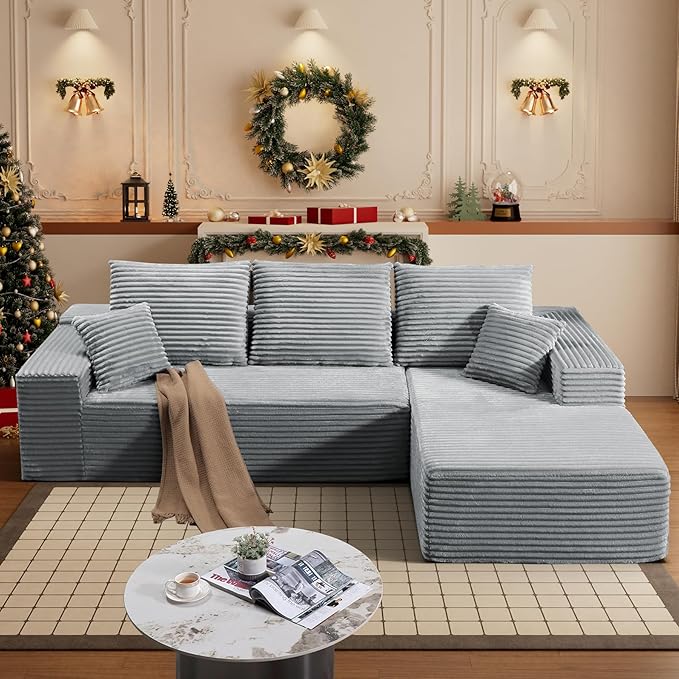 HYJT-H&K Modular Sectional Sofa Cloud Secttional Couch, 107" Comfy L Shaped Couches for Living Room, Deep Seat Memory Foam Fluffy Plush Corduroy Boneless Couch Sectionals Right Facing Sofa Chaise Grey