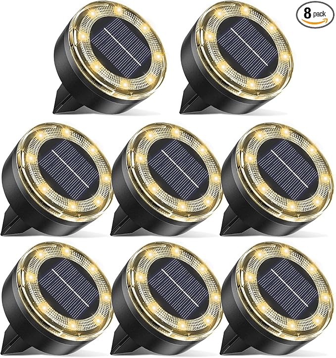 Mini Outdoor Solar Lights,8 Pack Solar Garden Light for Outside IP65 Waterproof, 8 LED Disc Landscape Lighting for Garden Yard Driveway Walkway Poolside Deck Lawn Patio,Warm White