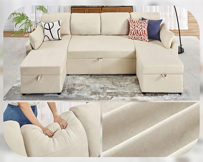 VanAcc Sleeper Sofa, 110 inch Oversize - 2 in 1 Pull Out Bed, Sectional Sleeper Sofa with Double Storage Chaise for Living Room, Beige Chenille Couch