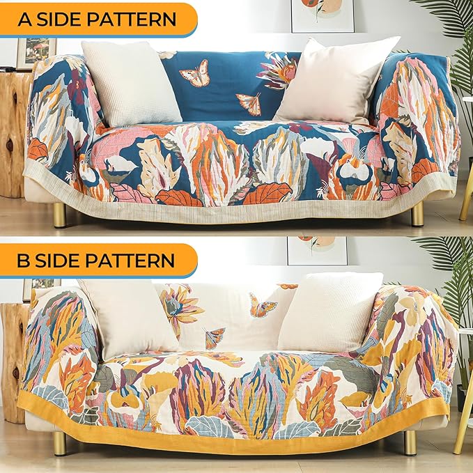 Boho Throw Blanket for Bed,100% Cotton Breathable Muslin Soft Throw, Fall Bed Throw Blanket Floral Bird Butterfly Printed Decor Large Blankets,80"×90" Rustic Farmhouse Throw for Sofa Couch Chair