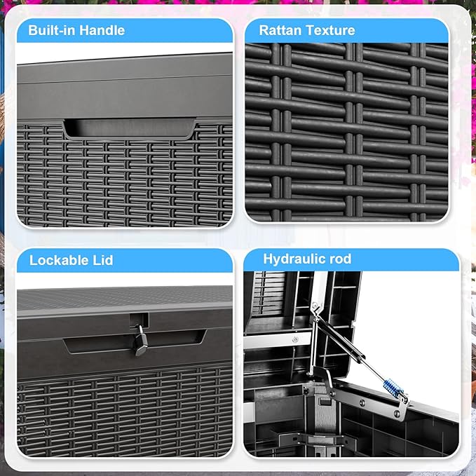 Vixzen 260 Gallon Resin Deck Box, Lockable Outdoor Storage Box for Patio Cushions Storage Furniture,Garden Tools, Pool Supplies, Weatherproof and UV Resistant- Black