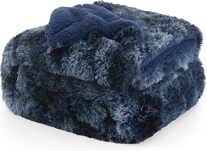 Bedsure GentleSoft Fluffy Tie Dye Navy Blue Blankets Queen Size for Bed, Thick Sherpa Faux Fur Fleece Fuzzy Plush Winter Warm Soft Queen Blankets, Bedroom Decor Blue Cozy Gifts for Women Men, 90x90
